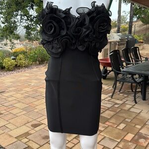 Sydney Inc black bodycon  LBD ruffle bust tube corsage bust detail mini